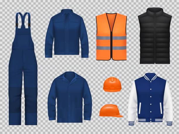 ilustraciones, imágenes clip art, dibujos animados e iconos de stock de monos de trabajadores, chaqueta uniforme y maquetas de chaleco - orange uniform