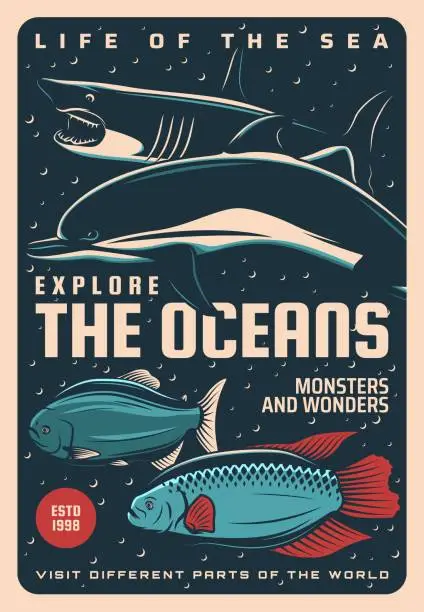 Vector illustration of Ocean life, undersea monsters and wonders poster