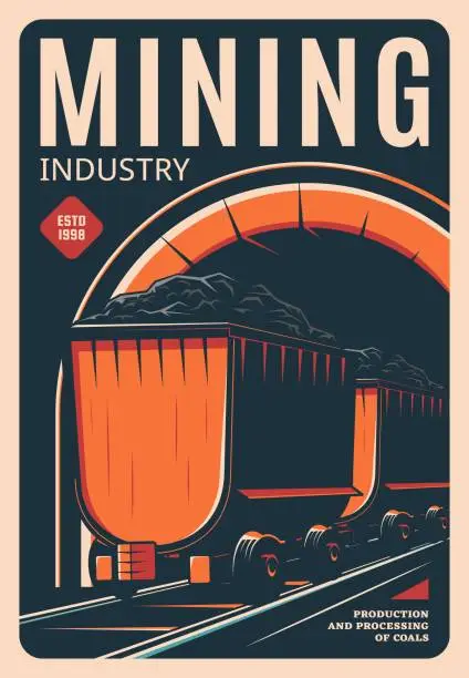 Vector illustration of Mining industry retro poster, processing of coals