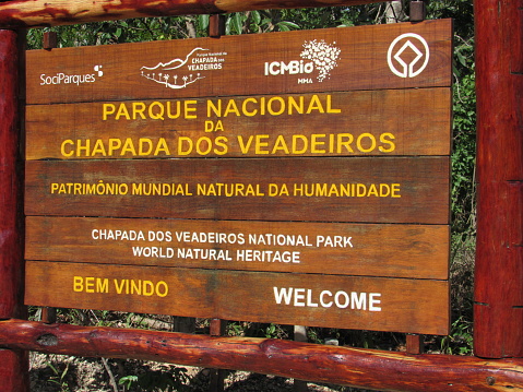 Sign of Chapada dos Veadeiros National Park. Shot in Goiás state, Brazil.