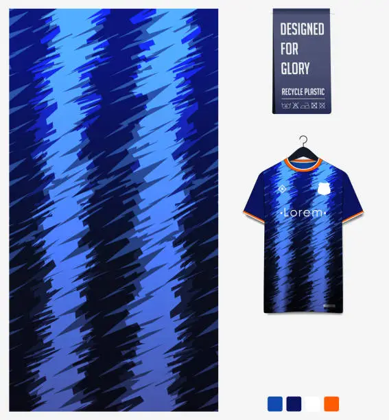 Vector illustration of Soccer jersey pattern design.  Abstract pattern on blue background for soccer kit, football kit or sports uniform. T-shirt mockup template. Fabric pattern. Sport background.