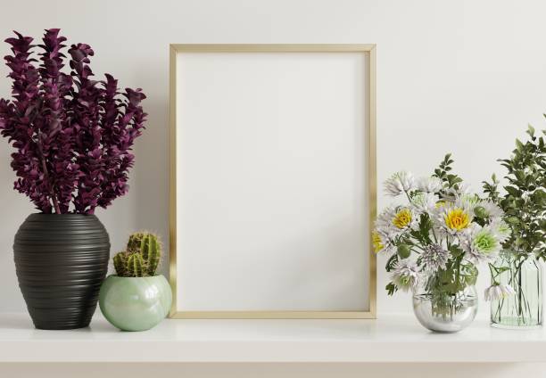 Interior poster mockup with vertical golden photo frame in home interior background.
