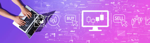 istock Stock trading theme with woman using a laptop 1329434758
