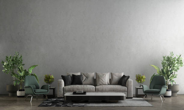 istock Modern loft living room interior and leather sofa and empty concrete wall texture background 1329435648