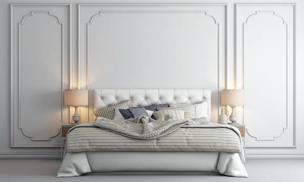 istock Modern luxury bedroom interior and white bed decoration and white wall texture background 1329435659