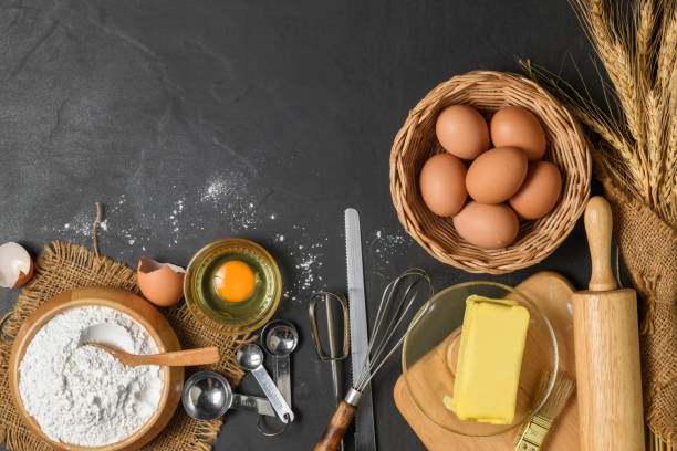 istock Bread flour with fresh egg, Unsalted butter and accessories bakery 1329437656