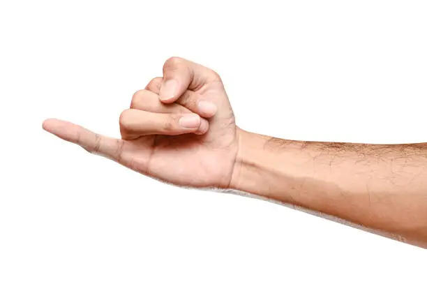 Photo of Male caucasian hand showing little finger  sign isolated on white background.