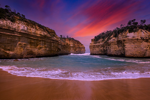 Loch Ard Gorge beach in Port Campbell National Park Victoria at Dusk