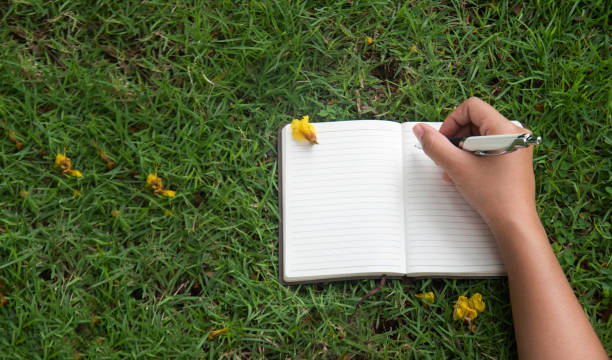 istock female hands with pen writing on notebook on grass outside 1329440270