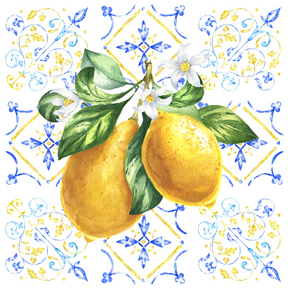 Mediterranean ornament with lemons, square tile. Watercolour Italian design, hand drawn illustration.