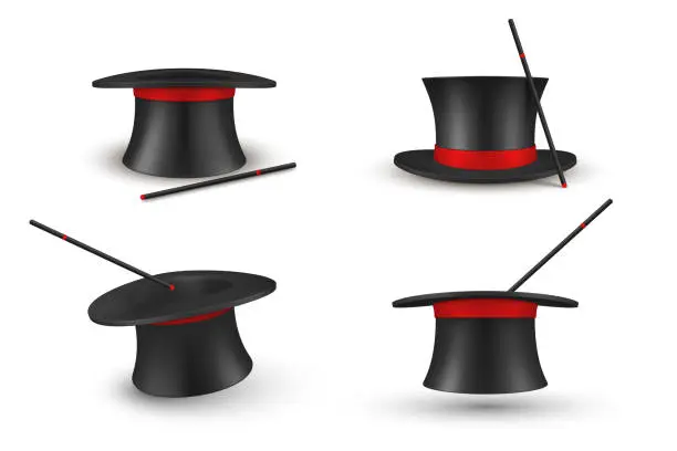 Vector illustration of Collection black traditional magician hat with magic wand vector realistic headdress for surprising