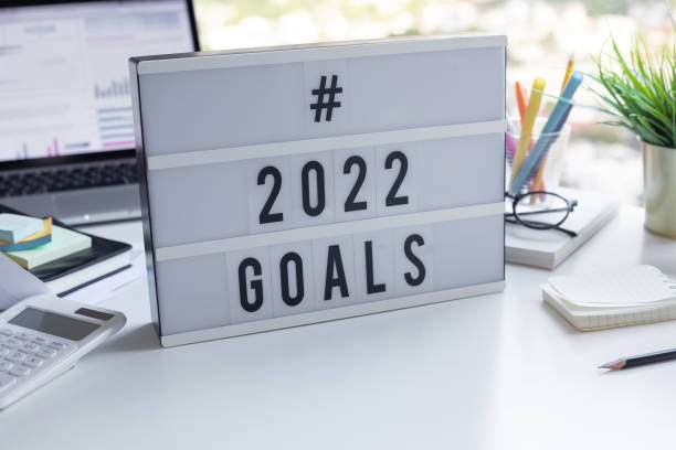 istock 2022 goals text on light box on desk table in office.Business motivation 1329447799