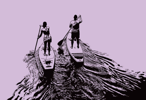 illustrations, cliparts, dessins animés et icônes de paddleboard homme et femme - gravure surf