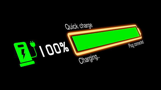 Colorful electric vehicle car charging battery indicating progress of the increasing with percentage show fill up to 100% for design content