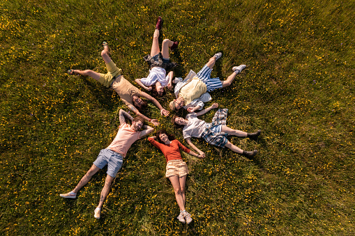 High angle view of large group of happy friends lying in grass during spring day in nature. Copy space.
