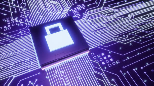 istock Fully lock symbol microchip on motherboard circuit 1329455767