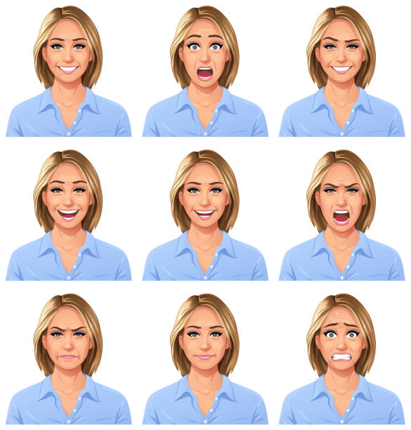 Blonde Young Woman Portrait- Emotions Vector illustration of a young blonde woman in a blue blouse with nine different facial expressions: smiling, shocked/surprised, smirking, laughing,  talking, neutral, furious/shouting, angry, neutral and anxious. Portraits perfectly match each other and can be easily used for facial animation. part of a series stock illustrations