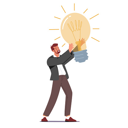 Creative Idea Concept. Tiny Businessman Character Holding Huge Glowing Light Bulb Having Great Inspiration and Insight for Project Development. Start Up Success. Cartoon People Vector Illustration