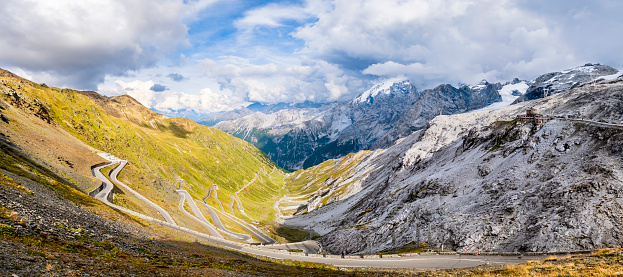 Hairpin bends on the Stelvio Pass (Italian: Passo dello Stelvio), a mountain pass in northern Italy bordering Switzerland at an elevation of 2,757 m (9,045 ft) above sea level. (6 shots stitched)