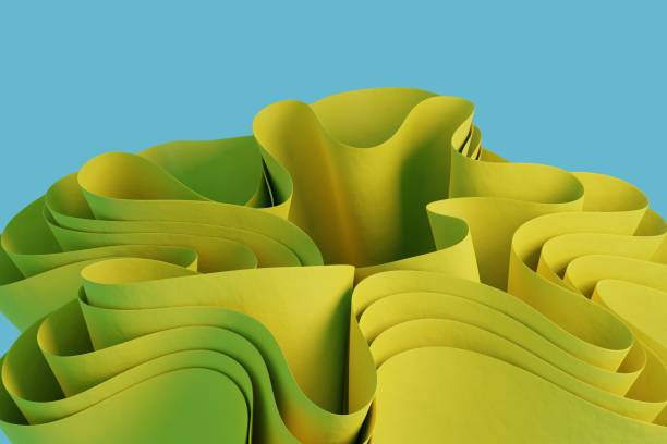 istock 3D render a yellow abstract wavy figure on a blue background. Wallpaper with 3D objects 1329459050