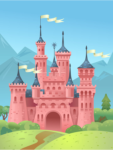 Castle in the mountains. Kings house in the mountains. Princess tower. Vector illustration