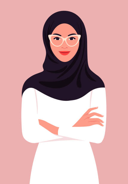 stockillustraties, clipart, cartoons en iconen met a portrait of a muslim woman with crossed arms and a hijab. a businesswoman. - hoofddoek
