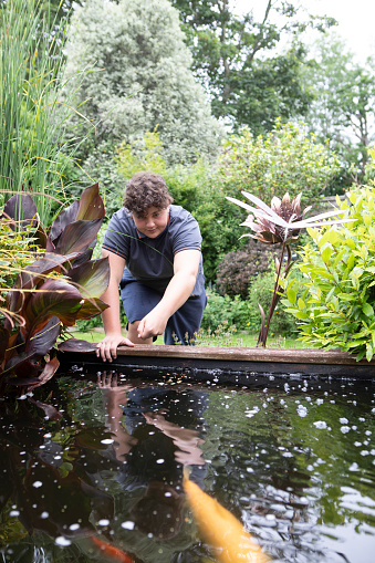 Teenager standing by a man-made garden pond at home