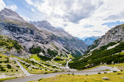 Stelvio pass in Italy, Ortler Alps, Italy. Curvy road through mountains.