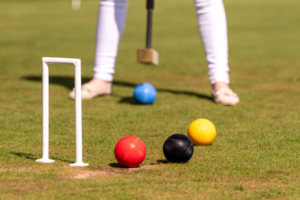 istock female croquet player hitting the ball with mallet 1329462996