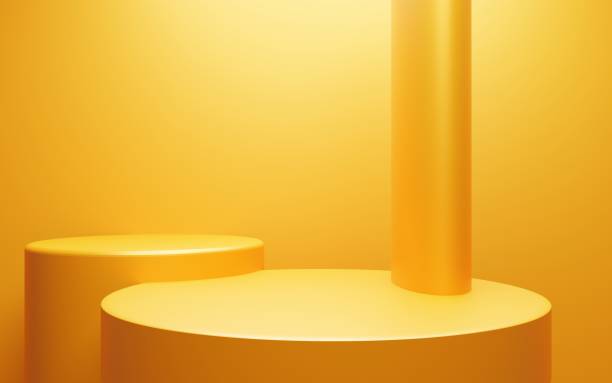 istock 3d rendering of empty yellow orange podium abstract minimal background. Scene for advertising design, cosmetic ads, show, technology, food, banner, cream, fashion,luxury. Illustration. Product display 1329463158