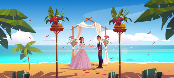 Beach wedding, bride and groom newlywed couple Beach wedding, bride and groom newlywed couple get married under draped arch on seaside. Marriage matrimony ceremony, bamboo archway on ocean sandy shore with flower petals Cartoon vector illustration wedding cartoon stock illustrations