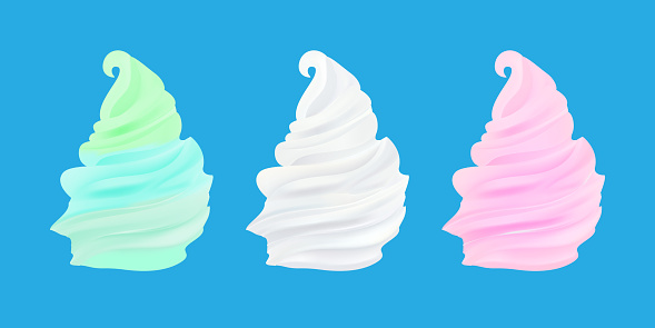 Whipped cream set isolated on blue background. Mint, milk and strawberry flavours. Confectionery design elements.