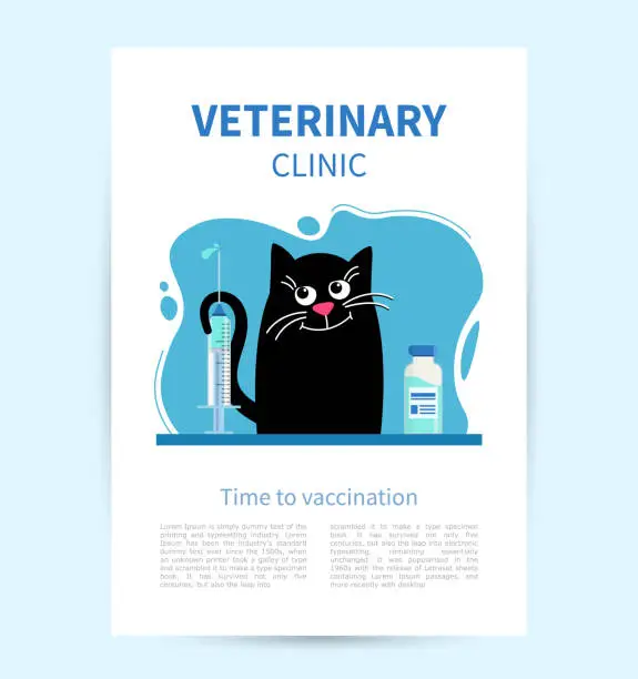 Vector illustration of PÐ¾ster Veterinary Clinic. Happy cat looks at syringe with an injection.