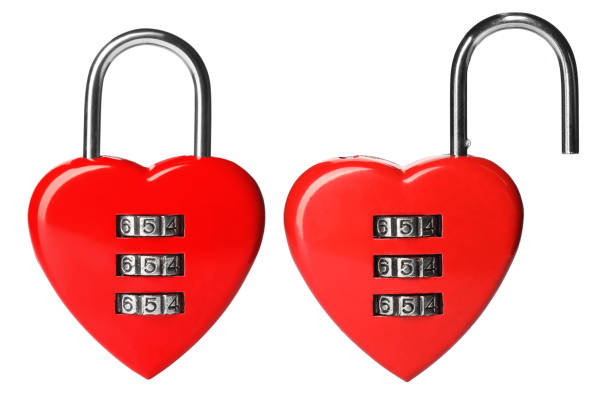 istock Locked and open heart shaped padlocks on white background, collage 1329467022