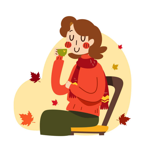 illustrazioni stock, clip art, cartoni animati e icone di tendenza di una donna dai capelli corti con maglione arancione che beve una tazza di tè caldo in autunno con foglie d'acero secche che cadono sfondo cartone animato piatto illustrazione vettoriale. design vettoriale del personaggio carino per decorare. - scarf blowing women autumn