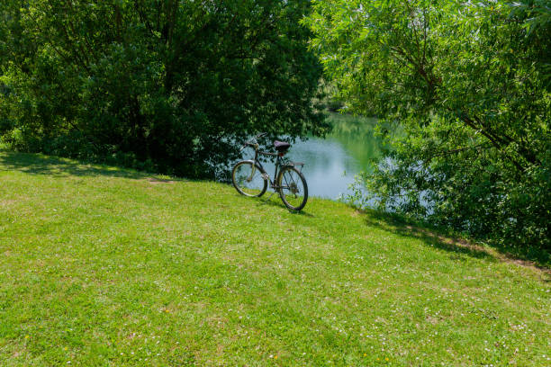 Man with a mountain bike crossing a river in the forest