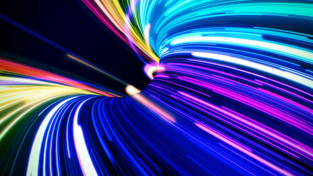 futuristic colorful neon line lights hole abstract background - blue streak lights imagens e fotografias de stock