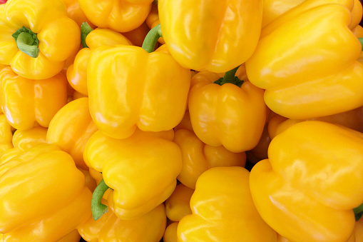 Organic yellow bell pepper in market . Yellow paprika. Paprika background