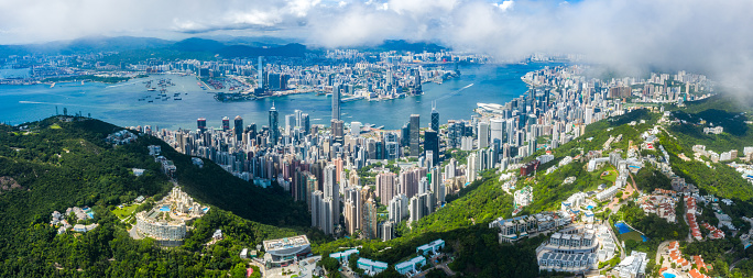 Panorama of Victoria Harbor and West Kowloon Cultural District, hong kong