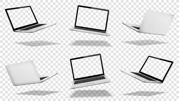 ilustrações de stock, clip art, desenhos animados e ícones de flying laptop mock up with transparent screen isolated - levitation