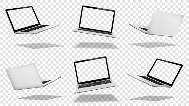 Flying laptop mock up with transparent screen isolated Set of vector float or levitate laptops with transparent screen isolated on transparent background. Perspective, front and back view. levitation stock illustrations