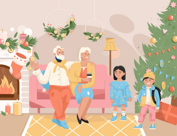 ilustrações de stock, clip art, desenhos animados e ícones de family celebrating christmas concept. grandchildren and grandparents - grandparent grandfather humor grandchild