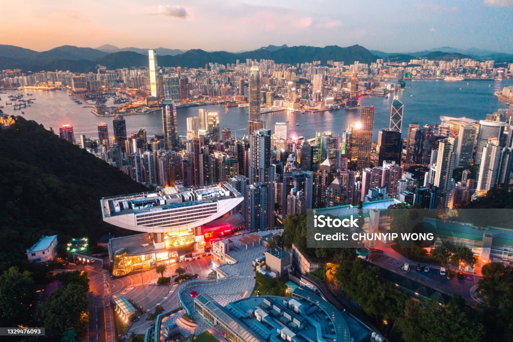Drone view of Hong Kong city, sea, kowloon city and Hong kong harbor Hong Kong Stock Photo