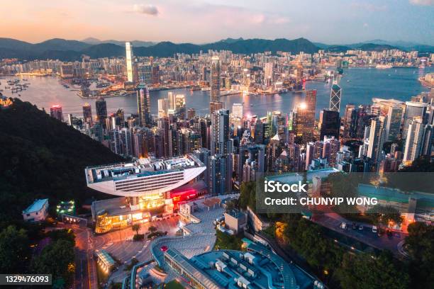 Drone View Of Hong Kong City Sea Kowloon City And Hong Kong Harbor Stock Photo - Download Image Now