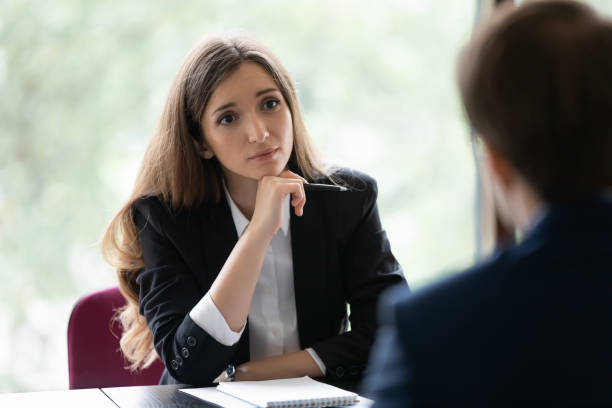 engaged recruiter, recruit agent talking to job candidate on interview - interview meeting business women imagens e fotografias de stock