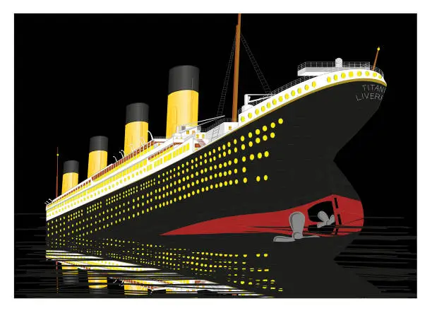 Vector illustration of RMS Titanic, transatlantic sinking in the ocean at night. Big cruise transatlantic. Old big passengers ship. Detailed vintage famous sunken transatlantic. Vector illustration.