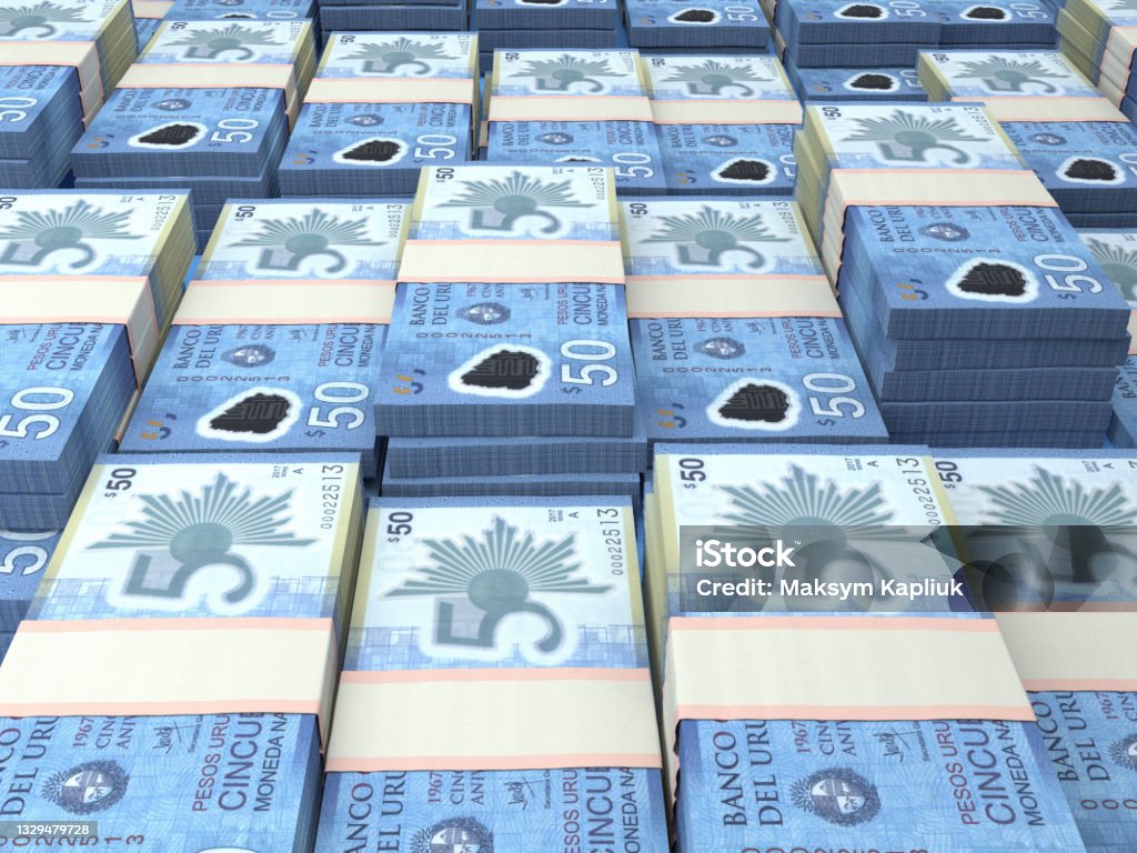Uruguayan banknotes. Uruguayanpeso bills. 50 UYU pesos. Business, finance background. Money of Uruguay. Uruguayan peso bills. UYU banknotes. 50 pesos. Business, finance, news background. Backgrounds Stock Photo