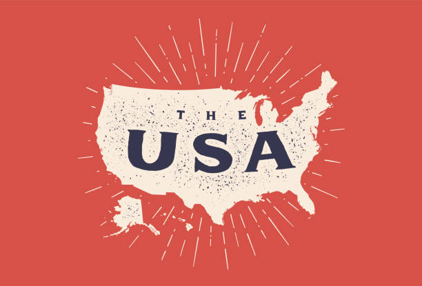 Poster map United States of America USA. Poster map of United States of America. Print map of USA for t-shirt, poster. Hand-drawn map in style with linear drawing light rays, sunburst and rays of sun. Vector Illustration white t shirt silhouette stock illustrations
