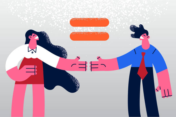 Equality in genders rights concept Equality in genders rights concept. Happy man and woman female characters standing holding hands feeling equal discrimination eradication with career opportunity and business vector illustration gender equality stock illustrations