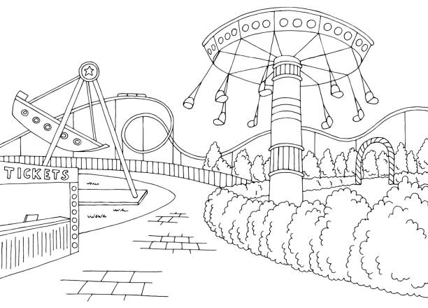 ilustraciones, imágenes clip art, dibujos animados e iconos de stock de vector gráfico de la ilustración del bosquejo blanco negro del paisaje del parque de atracciones - parque de atracciones ilustraciones